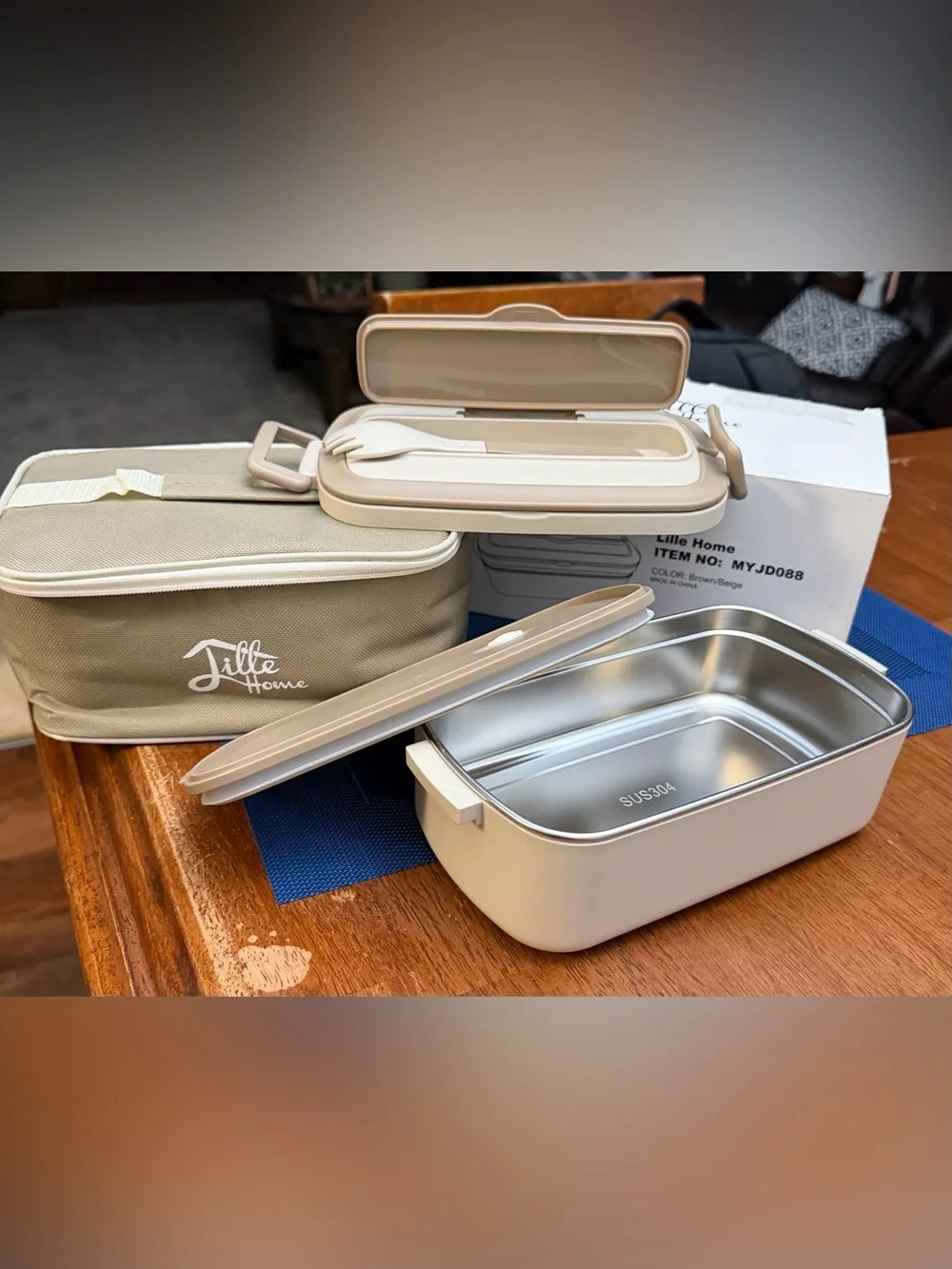 Little Home Brown - Beige Bento Lunch Box Set with Insulated Bag
